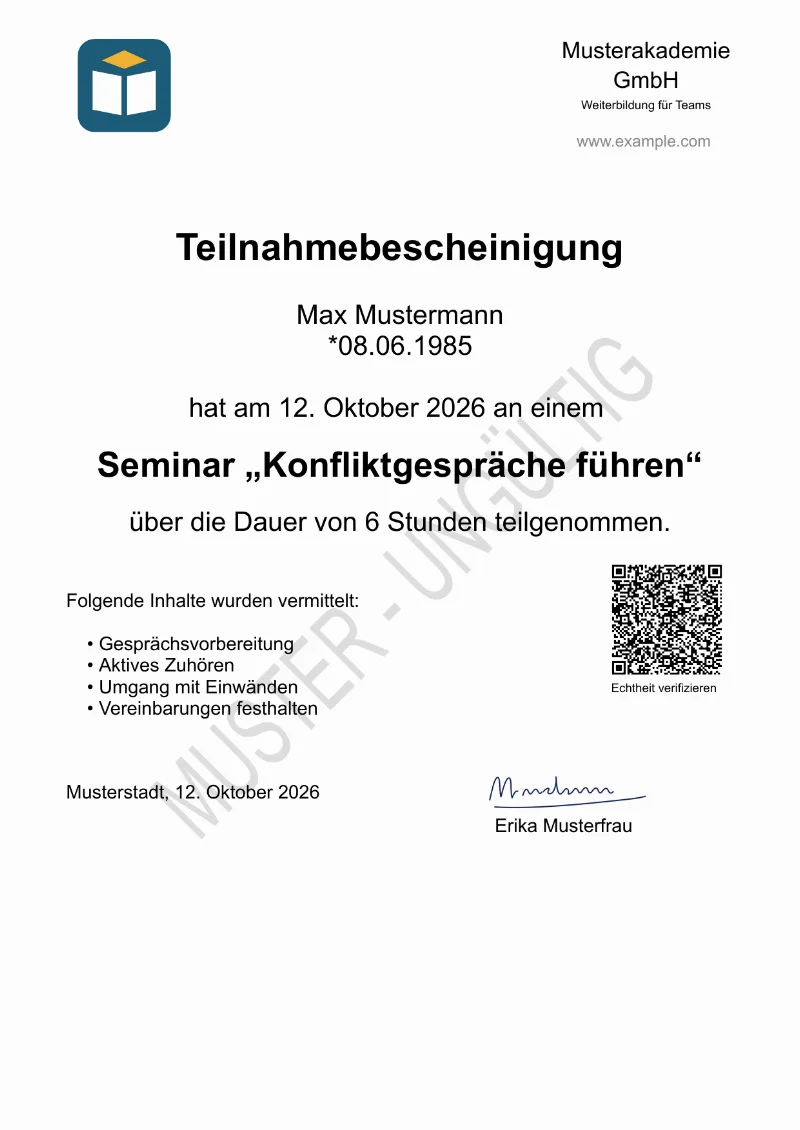 Zertifikat mit Briefkopf und Logo, Name und Geburtsdatum, Kurs, Datum und Dauer, den vermittelten Inhalten, QR-Code und Unterschrift.