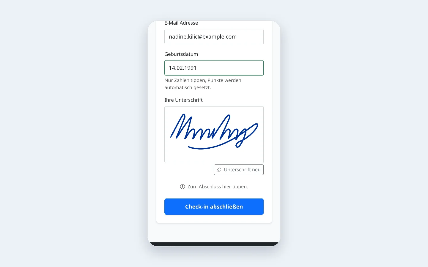 Formular zur Teilnehmererfassung auf dem Mobiltelefon, mit ausgefüllten Feldern und einem Unterschriftenfeld zum Zeichnen mit dem Finger.