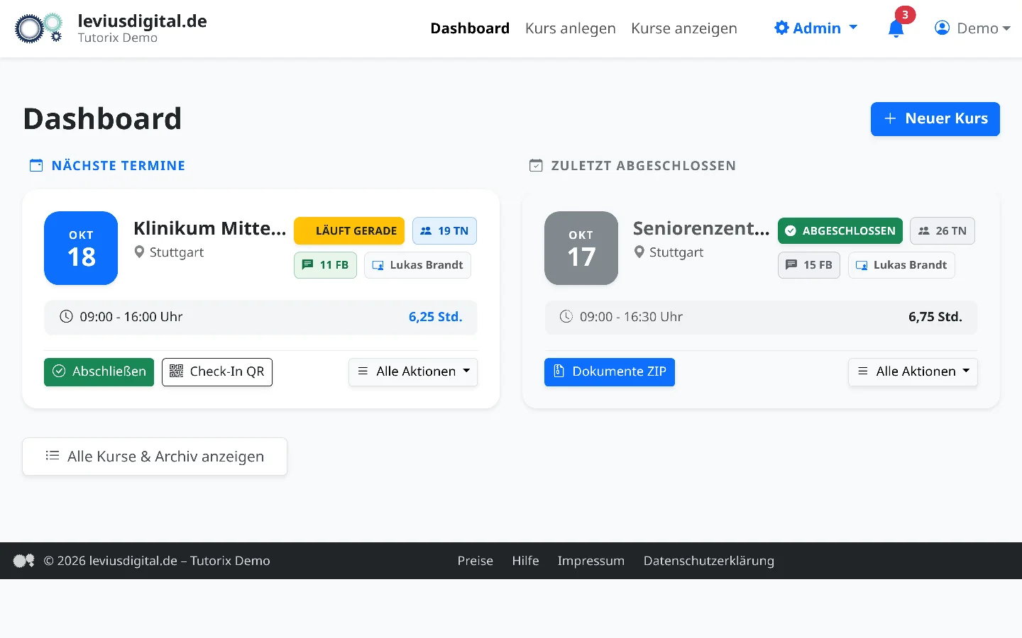 Startseite mit den nächsten Terminen und den zuletzt abgeschlossenen Kursen, je Kurs mit Teilnehmerzahl, Zahl der Kurs-Feedbacks und Dozent.