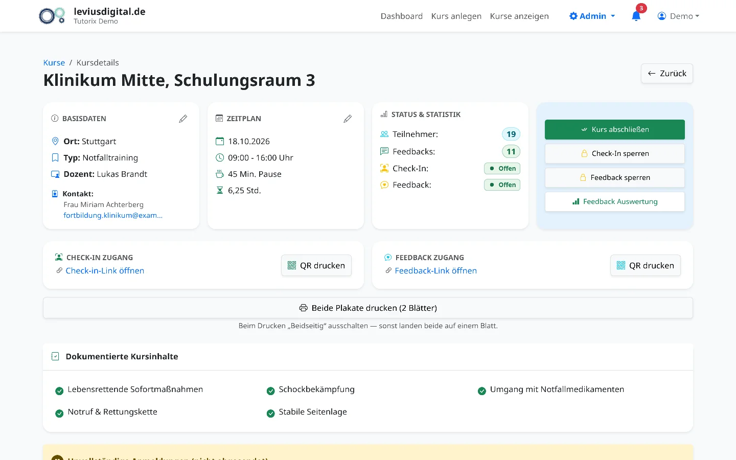 Kursansicht mit Basisdaten, Zeitplan, Status, den Zugängen für Check-in und Feedback und den dokumentierten Kursinhalten.