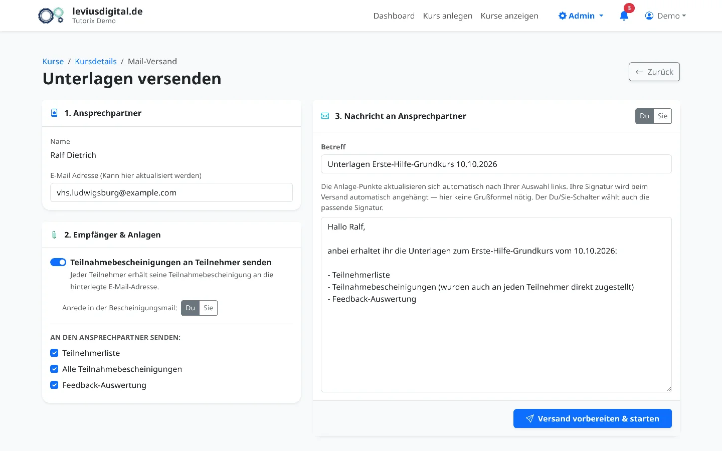 Versandformular in drei Schritten: Ansprechpartner, Auswahl der Anlagen und die Nachricht mit Anrede Du oder Sie.